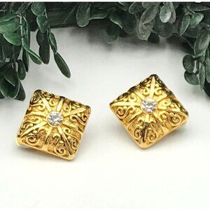 Vintage Gold Tone Filigree Square Clip-On Earrings With Rhinestones